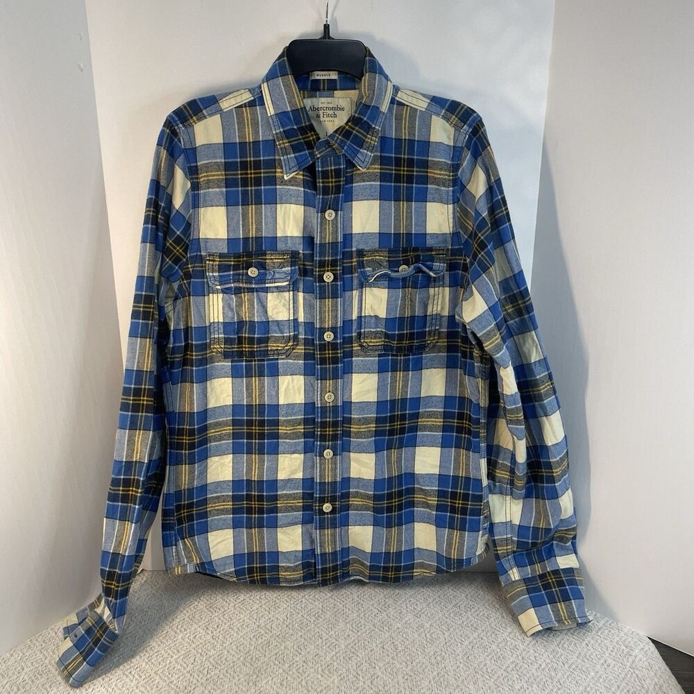 Abercrombie & Fitch Shirt Muscle L Blue Yellow Plaid Cotton Flannel Long Sleeve